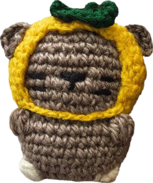 Crochet cat keychain in a yellow hood